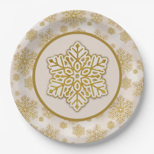 Snowflakes Gold Glitter Sparkle Antique White Paper Plate