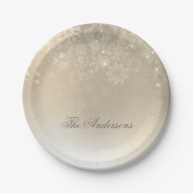 Snowflakes Gold Personalised Holida | Paper Plates (Front)