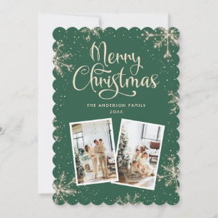 Snowflakes Green 2 Photo Christmas Card