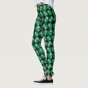 Snowflakes Green Buffalo Plaid Leggings