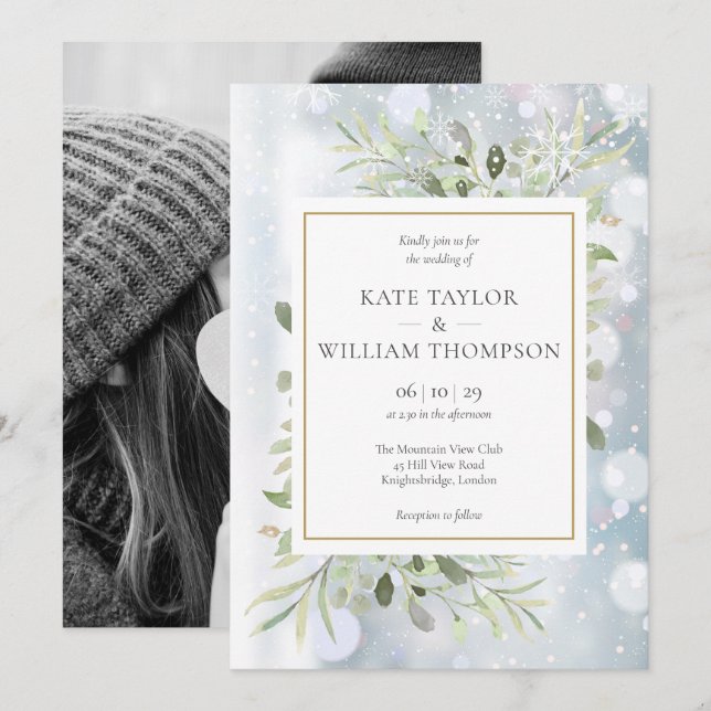 Snowflakes Greenery Leaves Photo Winter Wedding Invitation (Front/Back)