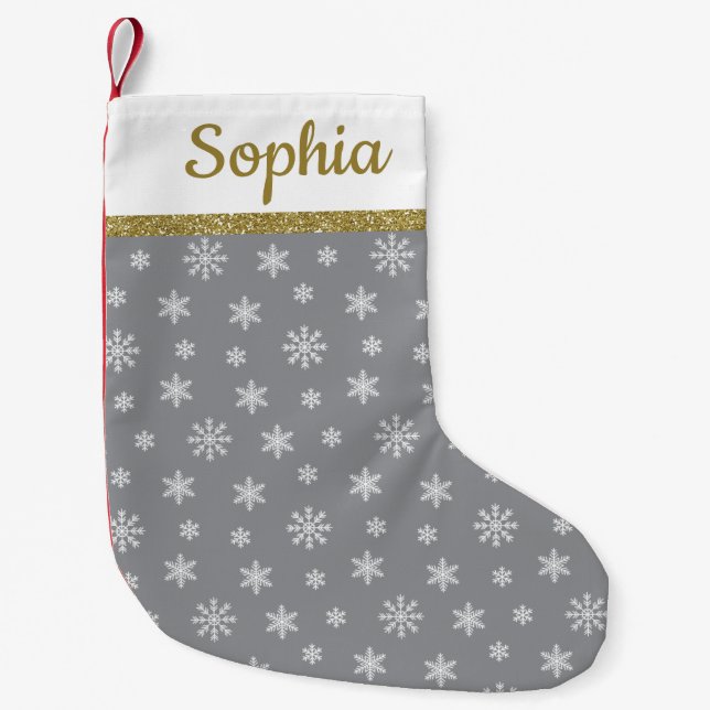 Snowflakes Grey pattern personalised name Small Christmas Stocking (Front)