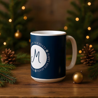Snowflakes Happy Holidays Blue Monogram  Coffee Mug