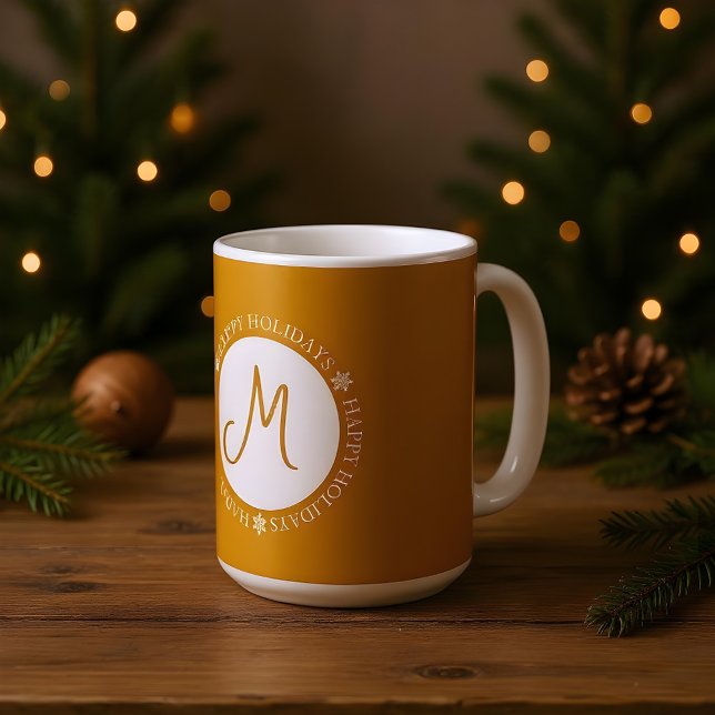 Snowflakes Happy Holidays Golden Yellow Monogram  Coffee Mug (Creator Uploaded)