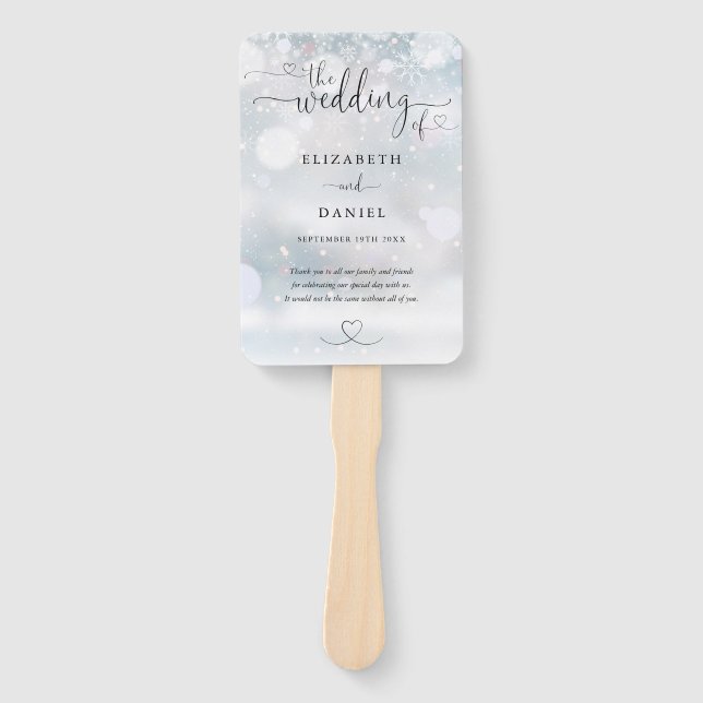 Snowflakes Heart Script Winter Wedding Program Hand Fan (Front)