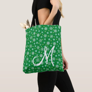 Snowflakes in Various Shapes Green Custom Monogram Tote Bag