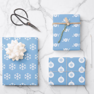Snowflakes, Joy and Christmas Balls Blue Pattern Wrapping Paper Sheet