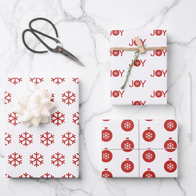 Snowflakes, Joy and Christmas Balls Pattern Wrapping Paper Sheet (Front)