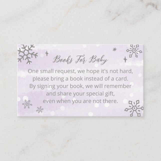 Snowflakes Lavender Baby Shower Books For Baby Enclosure Card (Front)