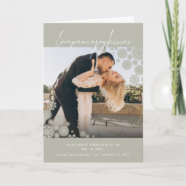 Snowflakes Love Peace Joy Kisses Photo Wedding Holiday Card (Front)