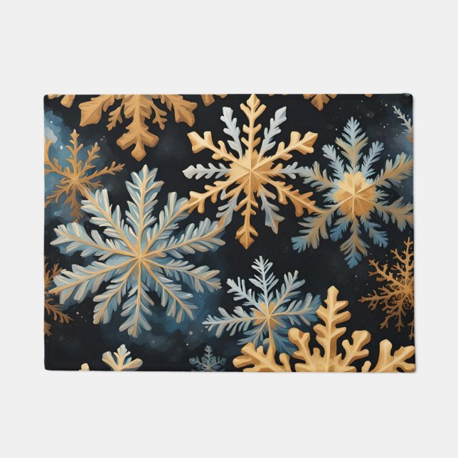  Snowflakes Magic Christmas Black Gold Blue Doormat (Front)