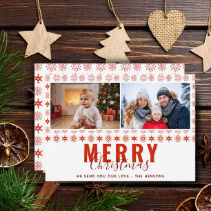 Snowflakes Merry Christmas Script Family 2 Photo Holiday Card