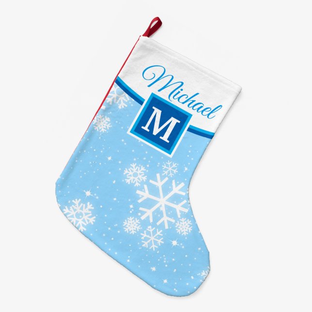 Snowflakes / Monogram / Your Name & Colour Large Christmas Stocking (Front (Hanging))
