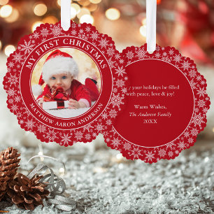 Snowflakes My First Christmas Photo Red Tree Decoration Card