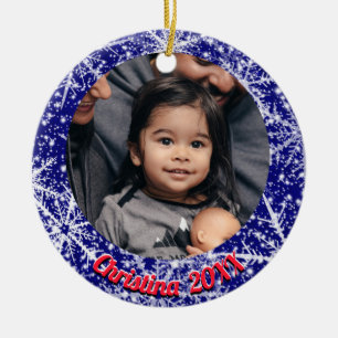 Snowflakes, name, Year's #, 2 Photos Ceramic Tree Decoration