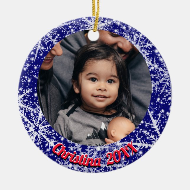 Snowflakes, name, Year's #, 2 Photos Ceramic Tree Decoration (Front)