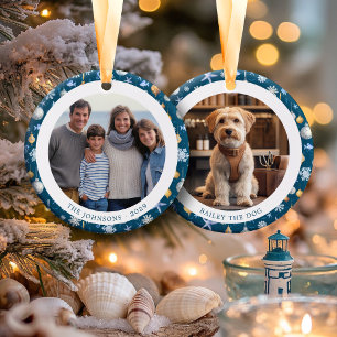 Snowflakes & Nautical Family Christmas 2 Photos Ceramic Tree Decoration
