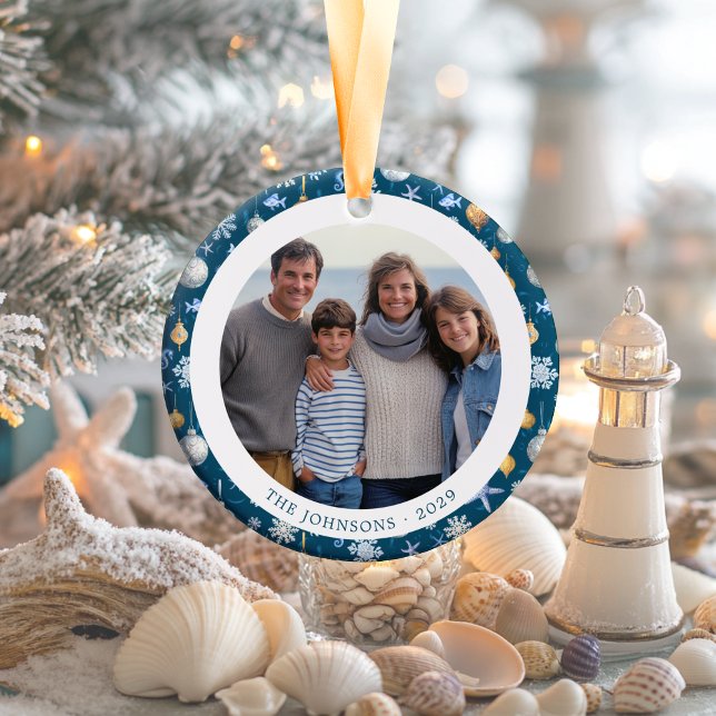 Snowflakes & Nautical Family Christmas 2-Sided Ceramic Tree Decoration (Snowflakes & Nautical Family Christmas 2-Sided Ceramic Ornament)