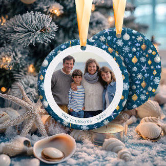 Snowflakes & Nautical Family Christmas Photo Ceramic Tree Decoration
