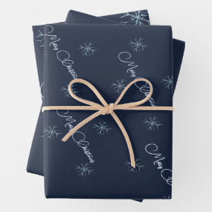 Snowflakes Navy Blue Merry Christmas Wrapping Paper Sheet