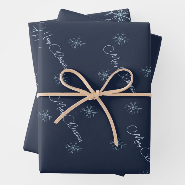 Snowflakes | Navy Blue | Merry Christmas  Wrapping Paper Sheet (In situ)