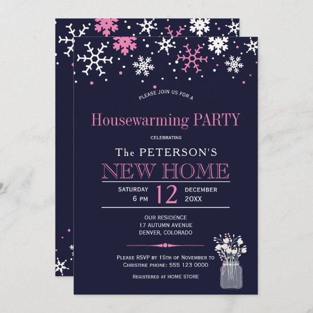 Snowflakes navy pink winter housewarming party invitation (Front/Back)