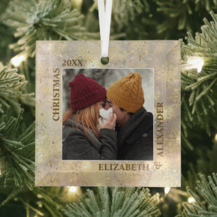 Snowflakes Newlywed Photo Glass Tree Decoration