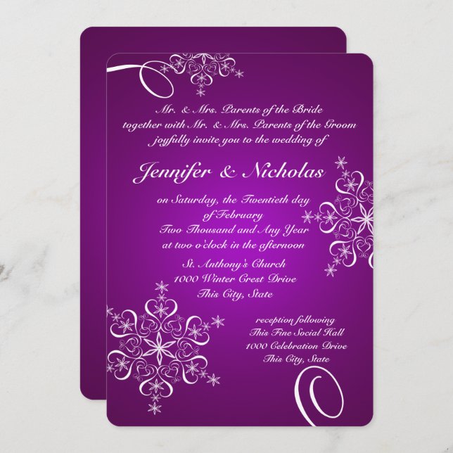 Snowflakes of Love Winter Wedding Purple Invitation (Front/Back)