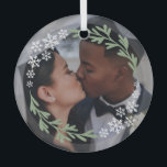 Snowflakes & Olive Greenery Wreath Your Photo Glass Tree Decoration<br><div class="desc">Beautiful round glass Christmas ornament to celebrate your first Christmas as a married couple. Add a photo from your wedding inside a wreath of snowflakes and greenery in olive green. Wintery married couple Christmas ornament.</div>