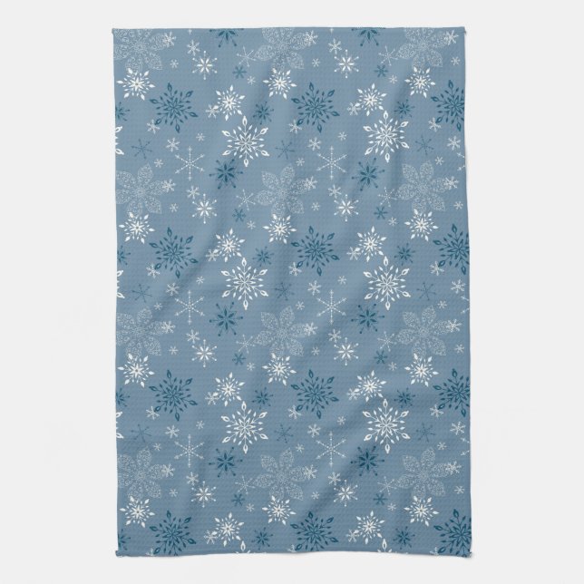 Snowflakes on a blue background tea towel (Vertical)