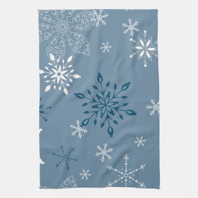 Snowflakes on a blue background tea towel (Vertical)