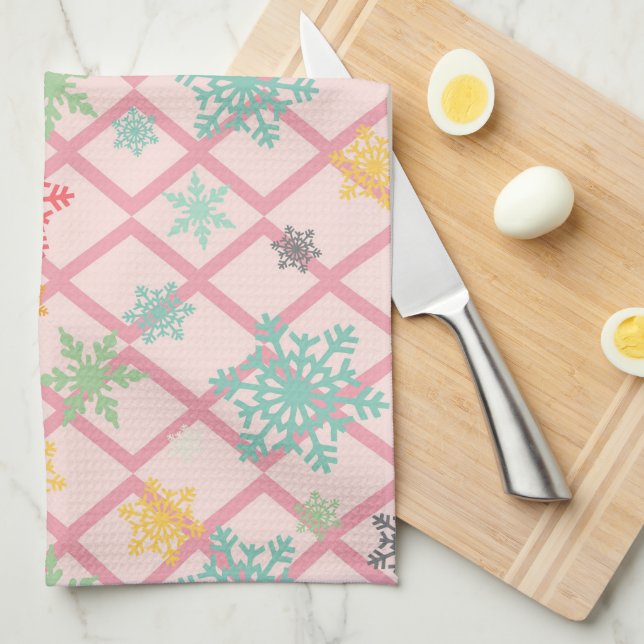 Snowflakes on a pink background with trellis tea towel (Quarter Fold)