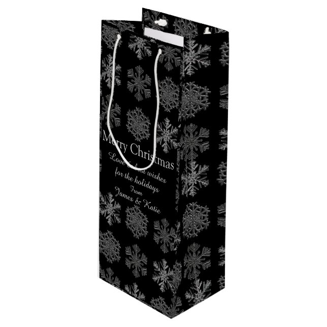 Snowflakes on Black Elegant Personalised Wine Gift Bag (Front Angled)