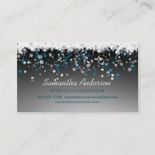 Snowflakes on black event planner business card (Front)