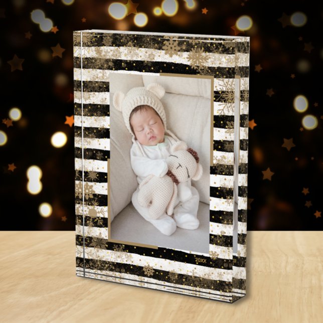 Snowflakes on Black White Stripes Photo Block (Creator Uploaded)