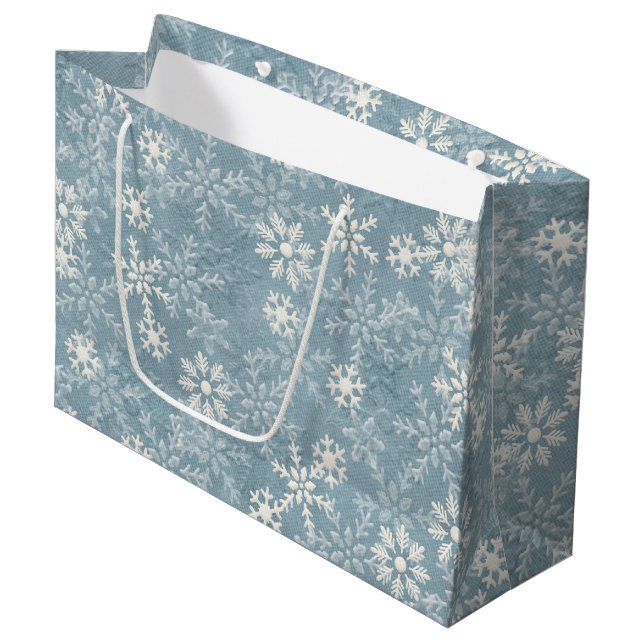 Snowflakes on Blue Background Large Gift Bag (Front Angled)
