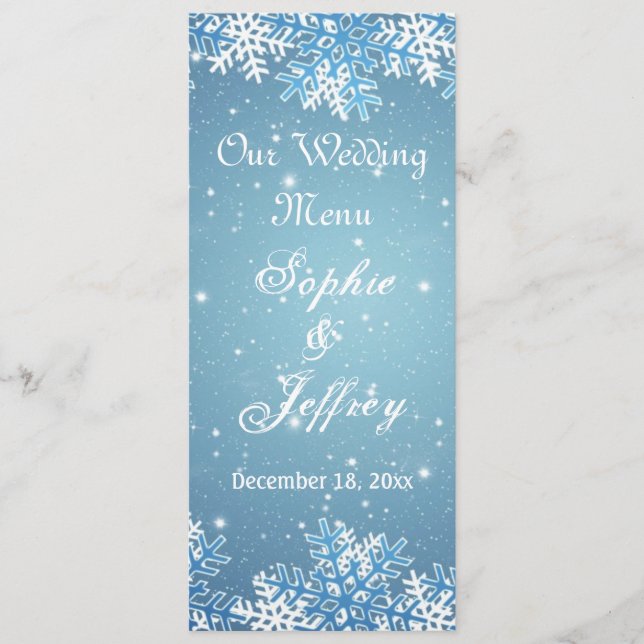 Snowflakes on blue Christmas Wedding Menu (Front)