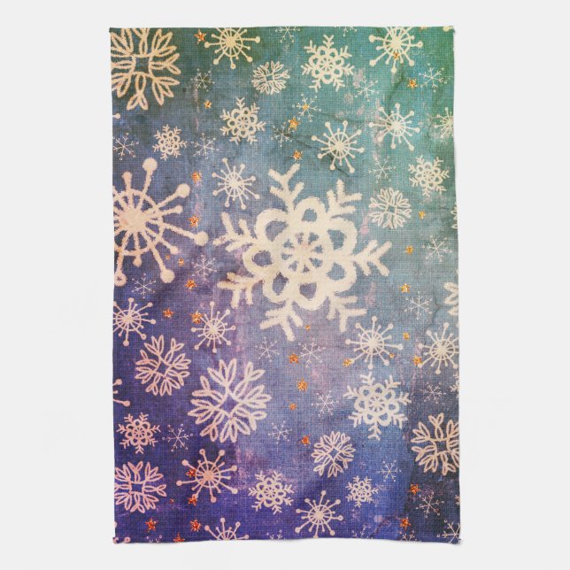 Snowflakes on Blue Denim Tie-dye Kitchen Tea Towel (Vertical)