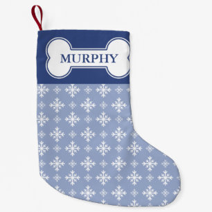 Snowflakes On Blue & Dog Bone With Pet's Name Small Christmas Stocking