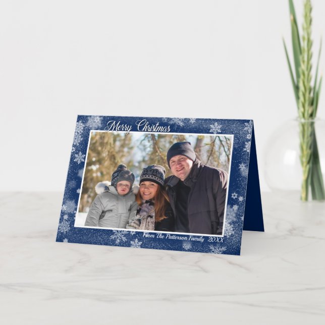 Snowflakes on Blue Merry Christmas Photo Holiday Card (Front)