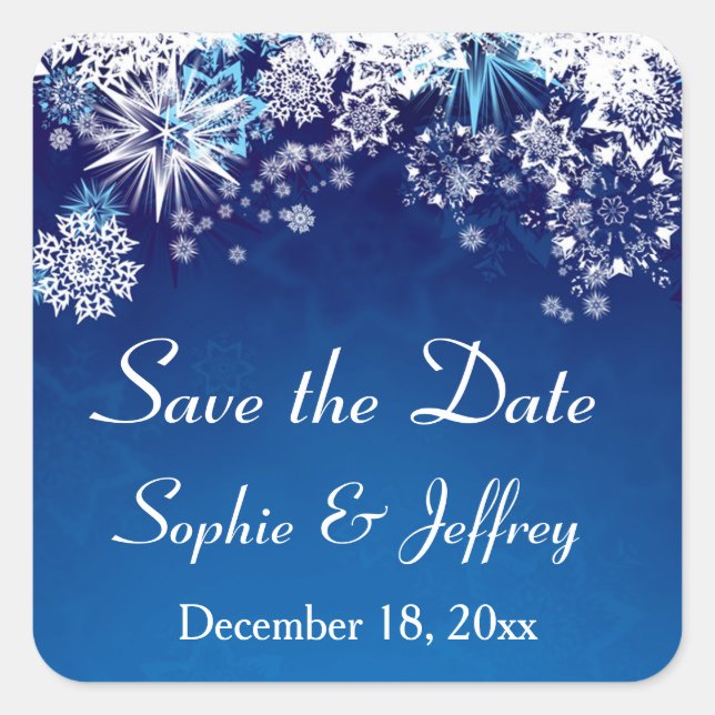 Snowflakes on blue Wedding Save the Date Square Sticker (Front)