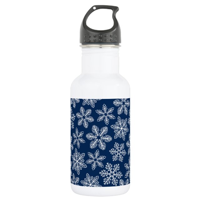 Snowflakes on dark blue 532 ml water bottle (Front)