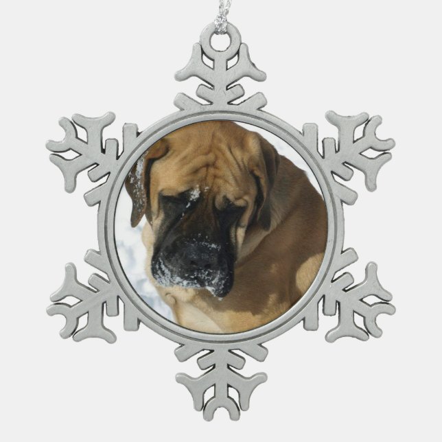 Snowflakes on English Mastiff Christmas ornament (Front)