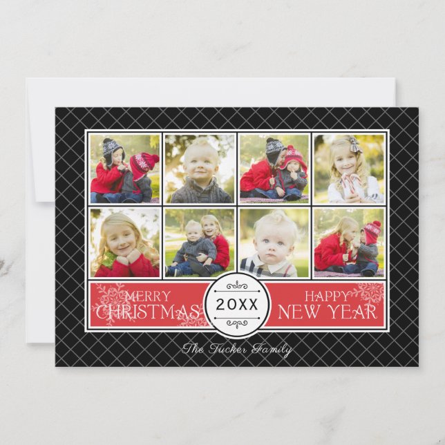 Snowflakes on Geometric Christmas Photo Collage Holiday Card (Front)