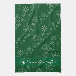 Snowflakes on Green Background Tea Towel