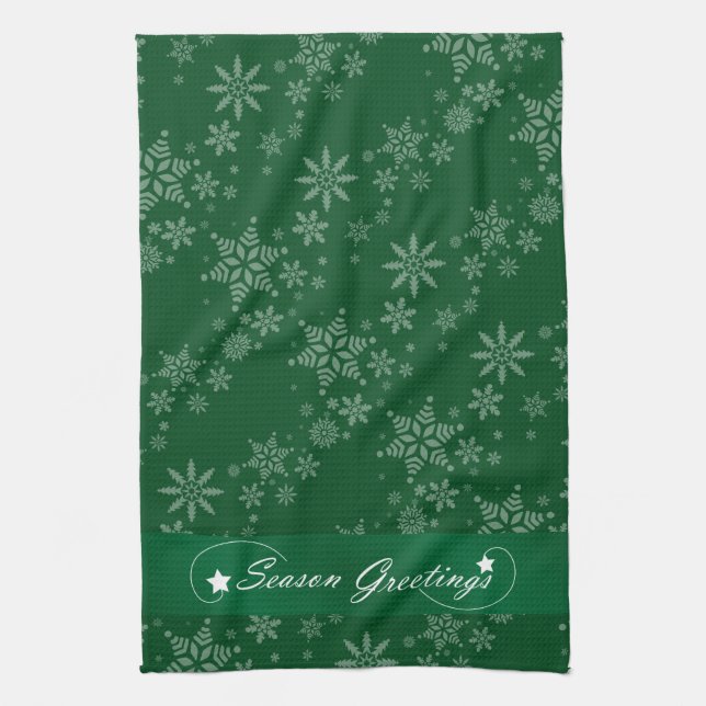 Snowflakes on Green Background Tea Towel (Vertical)