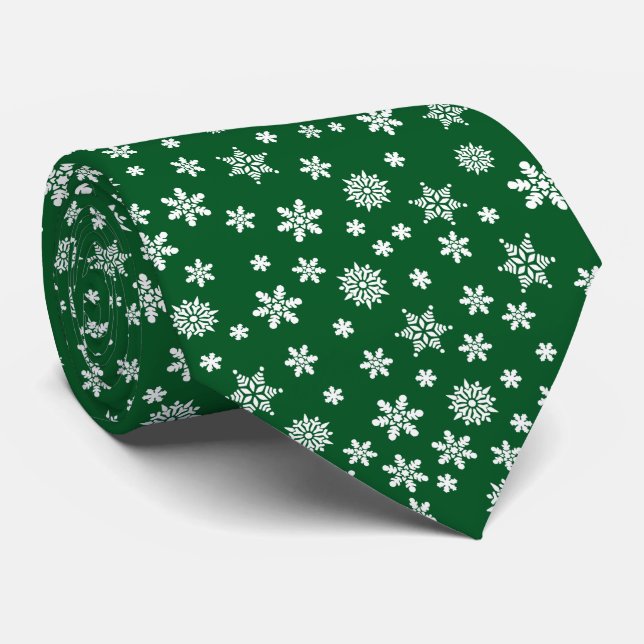 Snowflakes on Green Christmas Tie (Rolled)