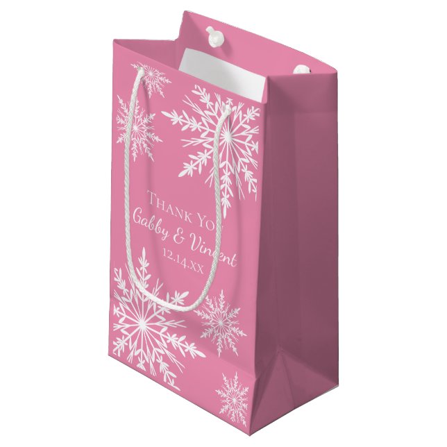 Snowflakes on Pink Winter Wedding Thank You Small Gift Bag (Front Angled)