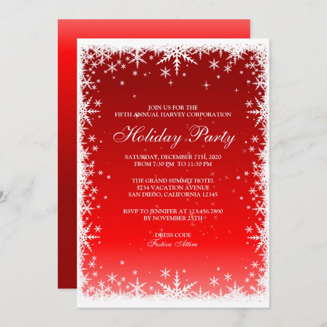 Snowflakes on Red Holiday Party Invitation (Front/Back)