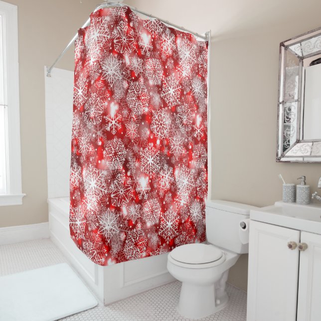 Snowflakes on red shower curtain (In Situ)